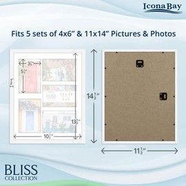Icona Bay 11x14 White Collage Picture Frame with Removable Mat for 5-4x6 Photos, Modern Style Wood Composite Frame, Wall Mount Only, Bliss Collection