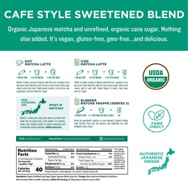 Jade Leaf Organic Matcha Latte Mix - Cafe Style Sweetened Blend - Sweet Matcha Green Tea Powder - 100ct Single Serve Stick Packs