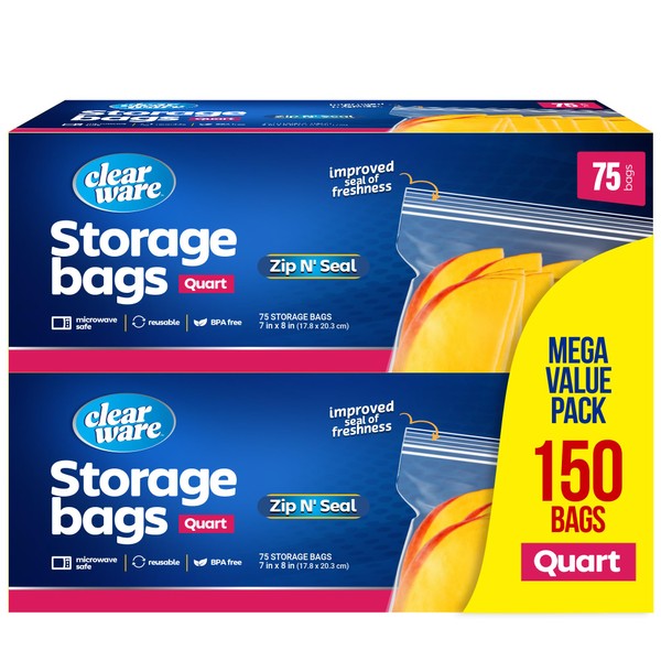 Quart Storage Bags, Double Zipper Seal - 150 Count, Resealable