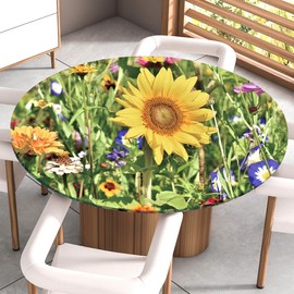 Highdi Tablecloth Washable Round 100 cm, Elastic 3D Sunflower Tablecloth Outdoor Lotus Effect Tablecloths Garden Tablecloth Cloth for Restaurant, Ideal for 90 cm - 95 cm