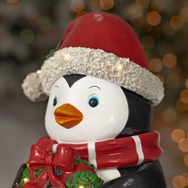 13.5" Tall Large Christmas Figurine Holiday Statues with LED Lights for Both Indoor and Outdoor Use (Pippin Penguin with Wreath)