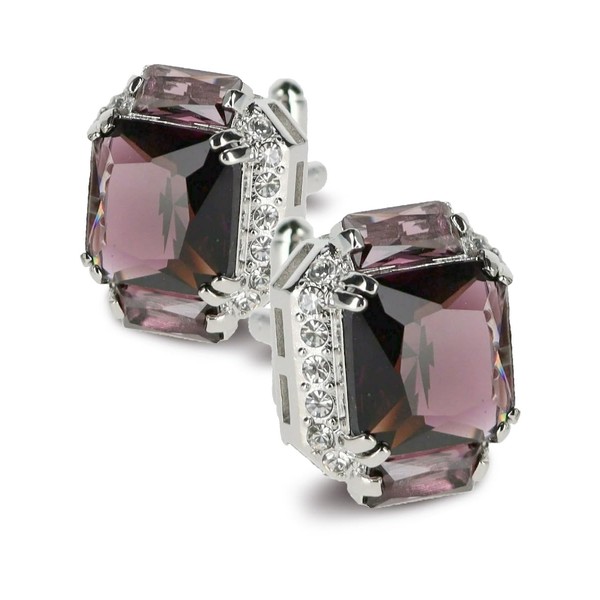 Vittorio Vico Rectangular Colored Diamond Flanked Crystal Cuff Links (Purple/Silver,