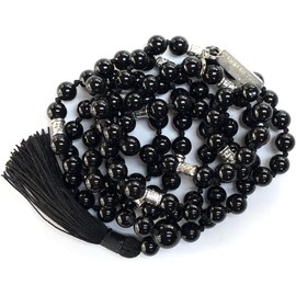 Hand-knotted Black Onyx Mala Necklace (8mm 108 Beads) with Zinc Alloy Spacers - Capricorn and Leo Birthstone Crystals
