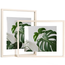 Egofine 11x14 Floating Frames Set of 2, Double Glass Picture Frame, Made of Solid Wood Display Any Size Photo up to 11x14, Wall Mount or Tabletop Standing, Beige