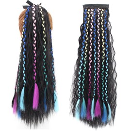 Shinon 24 Inch Clip in Long Corn Wave Ponytail Extension with Colorful braids Wrap Around Long Wavy Curly Pony Tail Hair Fluffy Synthetic Hairpiece with Hair Band for Fashion Women