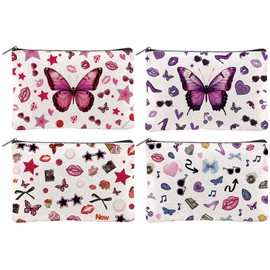 Hobbspring 4Pcs Butterfly Makeup Bags 5.91x9.06 inch Music Singer Canvas Cosmetic Bags with Zipper Canvas Travel Toiletry Pouches Fashion Fans Gifts for Women Party Shopping Accessories
