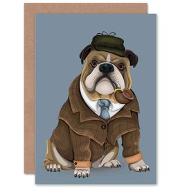 Detective Bulldog Pet Sherlock Pipe Clothes Birthday Sealed Greeting Card Plus Envelope Blank inside