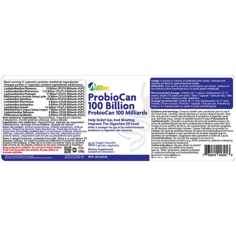 ALLBE ProbioCan 100 Billion CFU, 60 Probiotic Capsules with Lactiplantibacilus