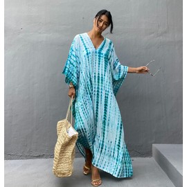 Bsubseach Women's Boho Beach Poncho Plus Size Kaftan Summer Dress Maxi Dress Loose Maxi Kimono Kaftan, Blue Green