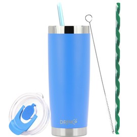 Drinco - Vaso de acero inoxidable de 20 onzas, taza aislada al aspiradora de doble pared con tapa, 2 popotes, para bebidas frías y calientes (20 onzas, azul real, 20 onzas)