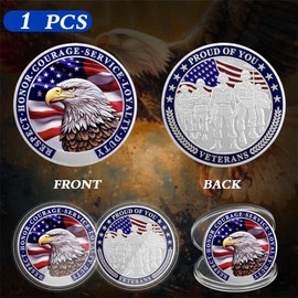 ASmileIndeep Military Challenge Coins - 1 Pcs Nation's Gratitude Military Coins Thank You for Your Service Proudly Saluting Veterans Coin Military Appreciation Gift (Sliver)