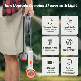 Clirass Clirass Portable Camping Shower, 2500mAh Rechargeable Camping Shower Built-in Light,2 Spray Modes, IPX6 Waterproof Outdoor Camp Pump with Filter for RV, Boat, Beach, Hiking