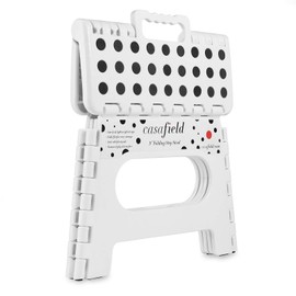 Casafield 9" Folding Step Stool with Handle, White - Portable Collapsible Small Plastic Foot Stool for Kids and Adults - Use in The Kitchen, Bathroom and Bedroom