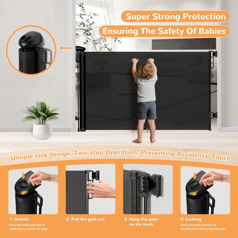 Retractable Baby Gates for Stairs, 55" Wide Mesh Baby Gate