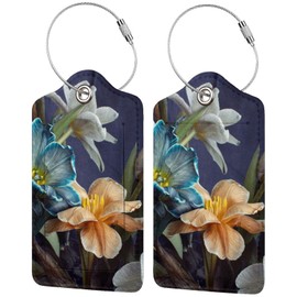Retro Tulips Luggage Bag Case Tags for Travel Suitcase White Blue Yellow Flowers On Blue Background PU Leather Baggage Tag with ID Label Privacy Flap Cover 2 Pack