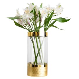 Tall Vases for Flowers Table Centerpieces Wedding Living Room Décor Gift - Clear Glass Cylinder Flower Vase Pot Gold-Plated (with Gold Plated Honeycomb Base, 30cm (11.81") X 12cm (4.72"))