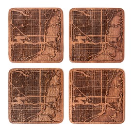 Miami Map Coaster, Set of 4, Sapele Wooden Coaster with City map, Multiple City Optional, Handmade
