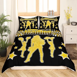 Cheerleader Team Gymnastics Duvet Cover Set, S Size, Cheerleader Bedding Set, Children Girls Women Room Decor, Gold Glitter Stars Fashion Comforter Cover Black Soft Quilt Cover, 1 Pillowcase