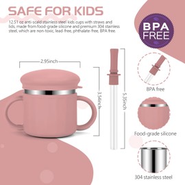 EsOfficce Stainless Steel Baby Sippy Cups, 7.4 Oz Spill Proof Toddler Straw Cups, 3 Stages Training Cup for Toddlers 1-3 Year, Kid Cups with Silicone Sheel and Straws (Coral + Blue)