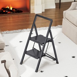 KINGRACK 2 Step Ladder 800lb Capacity, Folding Step Stool with Wide Anti-Slip Pedal & Safety Handrails, Lightweight Steel Ladder for Kitchen, Pantry, Office, Black