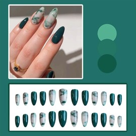 24Pcs Bottle Green Blooming Press on Nails Medium Almond Fake Nails with Atrovirens Gradient Design Marbling Contrast Color Glue on Nails Acrylic Glossy Full Cover Stick on Nails for Women