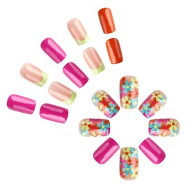 Flower Press on Nails Medium Square Fake Nails Pink Orrange False Nails Cute Colorful Floral Glossy Glue on Nails Spring Summer Artificial Acrylic Stick on Nails for Women Manicure 24 Pcs