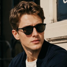 MOSTAR Classic Round Polarised Sunglasses UV400 Protective Lens with Acetate Sunglasses, Glossy Black