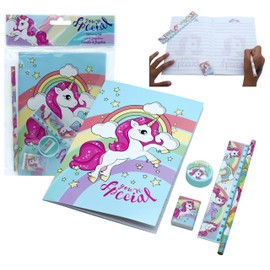 HOVUK Unicorn School Stationery Set for Girls 5Pcs, Notebook, Eraser, Pencil, Ruler, Sharpener, Cute Art Supplies, Summer Students and Beginners, Back to School Gifts for Kids 3-12 Years
