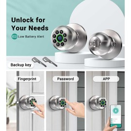 WREO Keypad Smart Door Knob Lock, Fingerprint Keyless Entry Door Lock with Handle for Front Door and Bedroom, Electrionic Biometric Code Door Knob with APP, Auto Lock for Home Office Apartment Garage