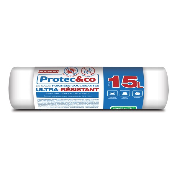 PROTEC&CO Le Seul 4-in-1 Bin Bag 15 L, Heavy Duty, Anti-Bacterial, Odour-Resistant, Sliding Handles for Bathrooms, 3 L to 15 L, Roll of 25 Bags