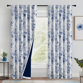 Xwincel 100% Blackout Curtains Blue Floral Pattern Curtains 84 Inches Long for Bedroom Watercolor Leaf Print Thermal Insulated Drapes for Living Room Darkening Rod Pocket Window Curtains 2 Panels