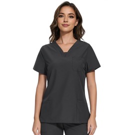 COZYFIT Scrubs for Women - V-Neck Women Scrub Tops with 3 Pockets,Soft Stretch,Dark Grey,L