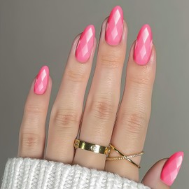 Press on Nail Medium Almond Fake Nails with Rhombus Shape Nude Dark Pink Designs Full Cover Stick on Nails for Women Manicure Decor 24 Pcs (P-2, M-2)