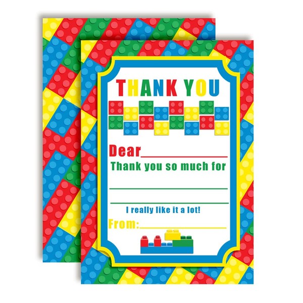 Building Blocks Birthday Thank You Notes, Ten 4" x 5.5" Fill In The Blank Cards with 10 White Envelopes by AmandaCreation