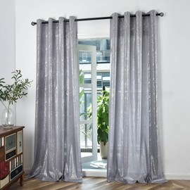 TERLYTEX Silver Curtains for Bedroom, Metallic Foil Dots Printed Glam Sparkle Curtains 63 Inch Length, Grommet Privacy Semi-Sheer Shimmer Curtains, 52 x 63 Inch, 2 Panels, Silver Grey