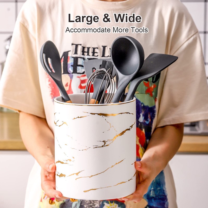7" Marble Utensil Holder, Large Kitchen Utensil Holder Organizer ,