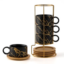 LUKA Porcelain Espresso Cup with Metal Stand, 6 Ounce Stackable Ceramic Demitasse Espresso Mugs Cappuccino Cups Set for Latte,Coffee,Cafe Mocha,Tea(Set of 4,Black)