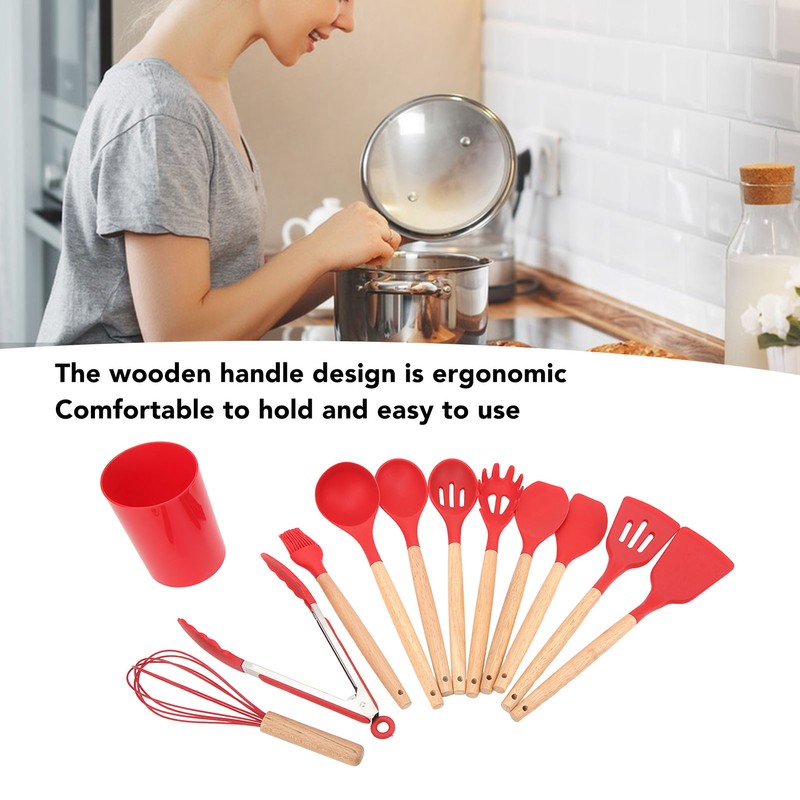 12 PCS Kitchen Cooking Utensils Set Ergonomic Wooden Handle Silicone