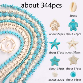 HERZWILD 344Pcs Turquoise Sea Turtle Beads Blue and White Starfish Beads Tortoise Turtle Charms Summer Beach Animal Spacer Beads Shell Beads for Jewelry Making DIY Bracelet Necklace (Blue and White)