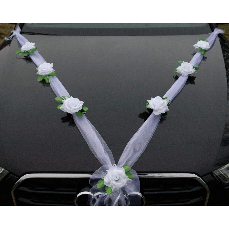Autoschmuck Organza M garland with roses for bride and groom