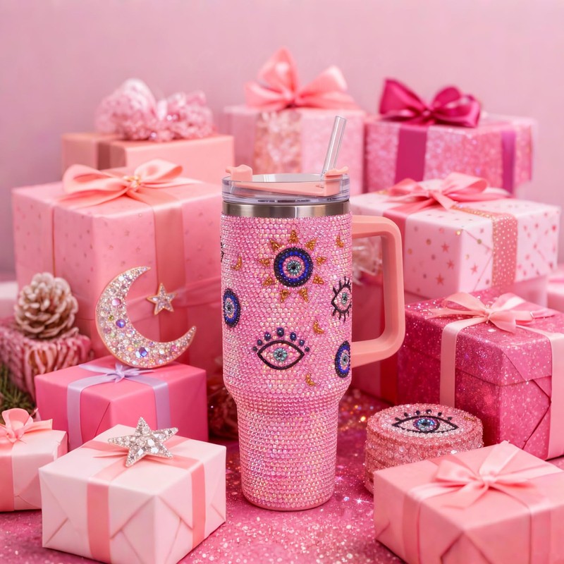 Cupcupmore 40 oz Pink Evil Eye Bling Rhinestone Stainless Steel
