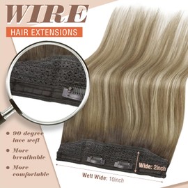 Sunny Hair Wire Hair Extensions Human Hair Invisible Wire Hair Extensions for Women Straight Hidden Hair Extensions with Adjustable Line Cool Brown Balayage Light Brown Highlight Blonde 16Inch