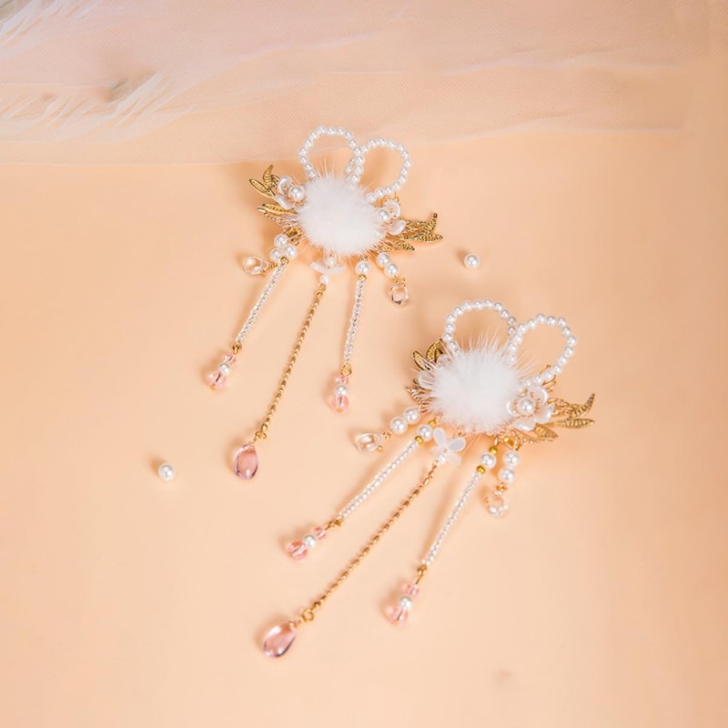 Baluue 1 Pair Chinese Tassel Pearls Hairpin Bunny Ear Hair