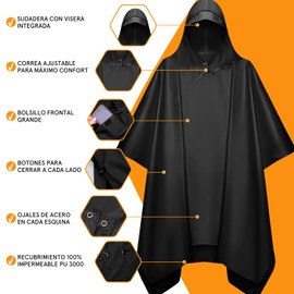 RUAKIVA Impermeables para Lluvia,Poncho Impermeable,3 En 1 Poncho Lluvia,Material Ripstop,Poncho Impermeable Reutilizable Con Bolsillos,Poncho Impermeable PortáTil Con Bolsa De Almacenamiento-Negro