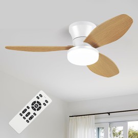 ZOEYON Small White&Wood Ceiling Fan with Light - 35 Inch Flush Mount Ceiling Fan with Lights and Remote, Low Profile Ceiling Fans with 3 Reversible Blades, 6 Speeds, Ceiling Fans for Bedroom Kitchen