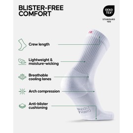 DANISH ENDURANCE Cushioned Running Socks for Long Distances, Crew Length, Anti-Blister for Men & Women, 3 or 5 Pack, White, Medium