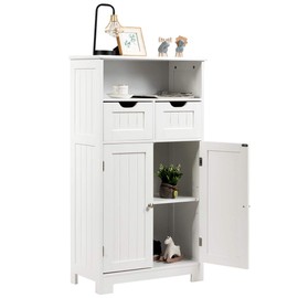 Tangkula Bathroom Floor Cabinet, Wooden Storage Cabinet w/Open Shelf, 2 Doors and 2 Drawers, Cabinet for Living Room Bathroom Home Office (White)