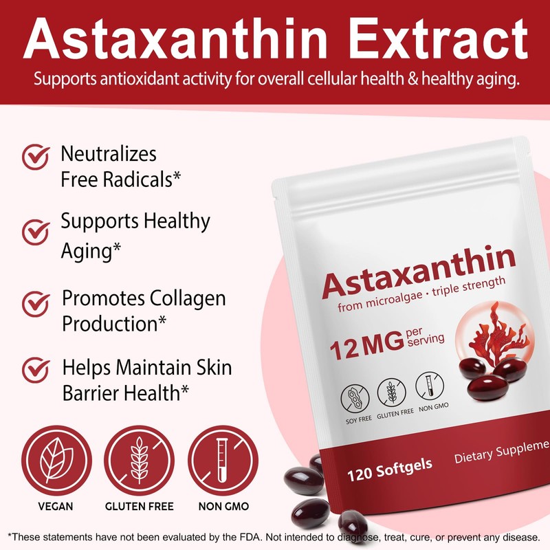 Astaxanthin 12mg Softgels from Microalgae – 120 Capsules – Antioxidant