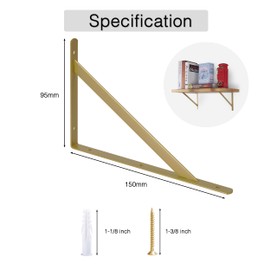 Ouvin Shelf Bracket Heavy Duty 6 Pack Triangle Shelf Brackets (150mm x950mm) Wall Mounted Right Angle Shelf Supports with Screws Gold