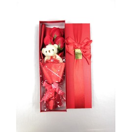 Abbie Home Flower Bouquet 3 Scented Soap Roses Gift Box with Cute Teddy Bear for Her Him Valentine's Day Anniversary Wedding Mothers Day Birthday Gift and Proposal-Red